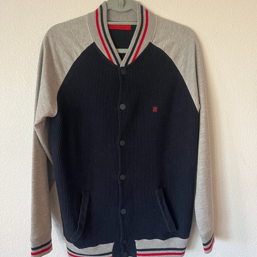 Men's CH Carolina Herrera Waffle Knit/Jersey Baseball Jacket Navy, Grey, Red